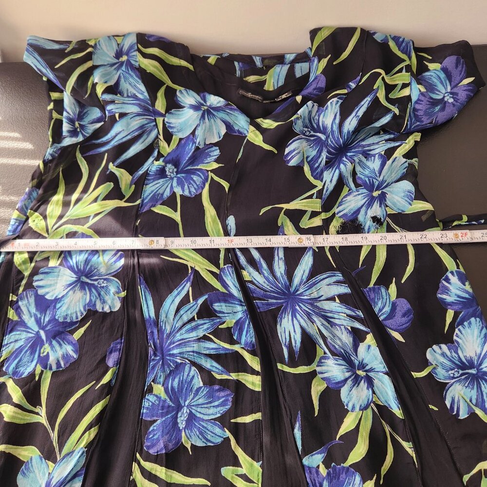 Vintage 90s Black Floral Midi Dress Crinkle Fairy Grunge Blue Lola P Medium - Picture 14 of 16